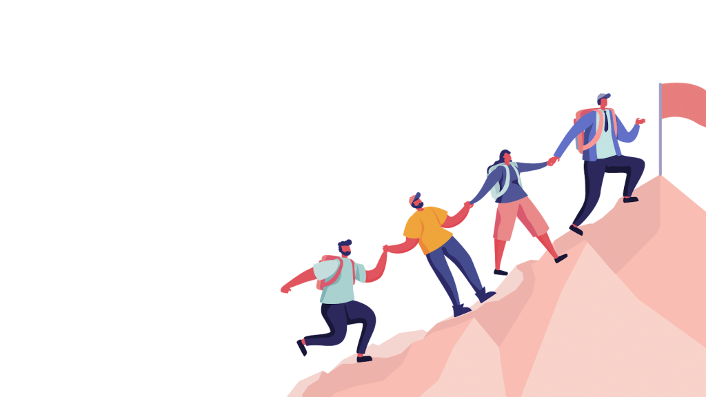 Vector illustration of four people pulling each to the top of a mountain with a flag