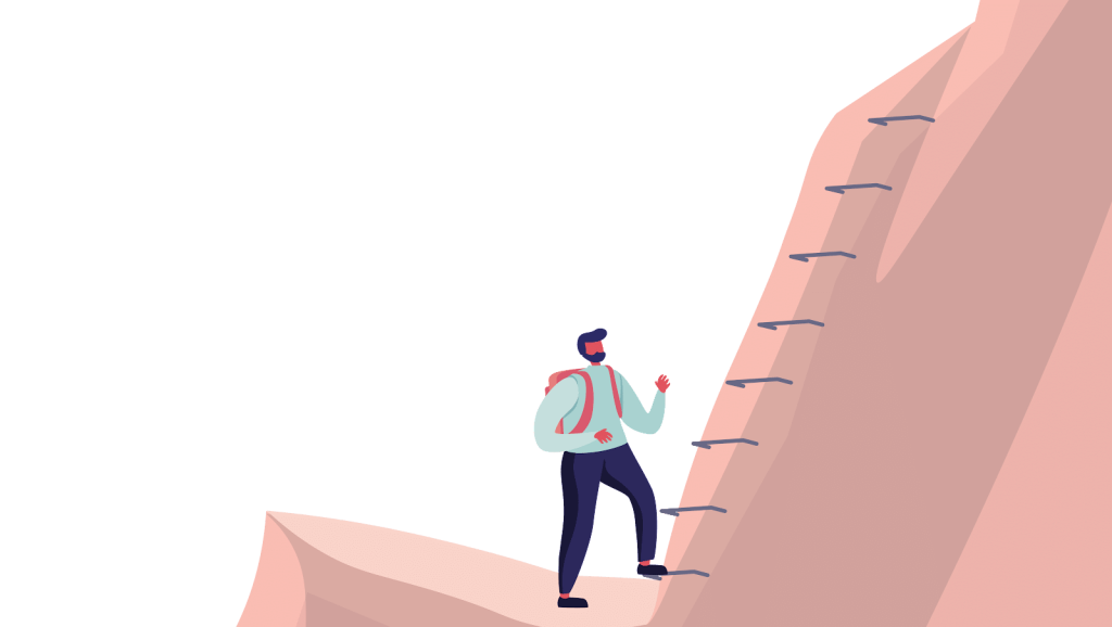 Vector illustration of a man climbing up a mountain
