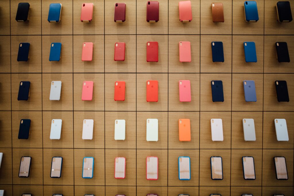 Colorful Iphones in a row