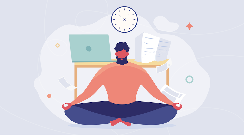 A vector character meditates in front of a desk of papers