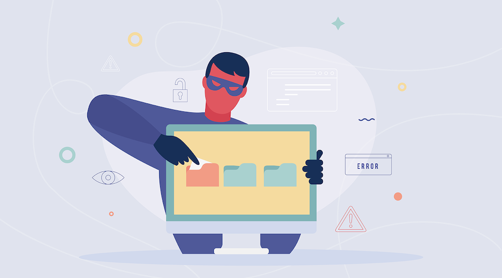 A vector character dressed like a thief  points to a computer illustrating IT risks.