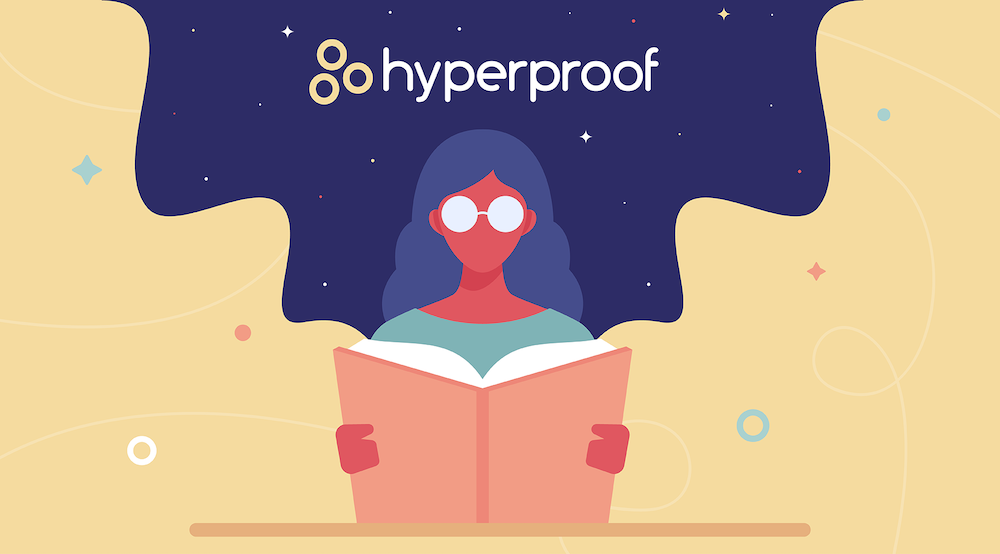 A woman sits and studies security assurance in Hyperproof's resource guide