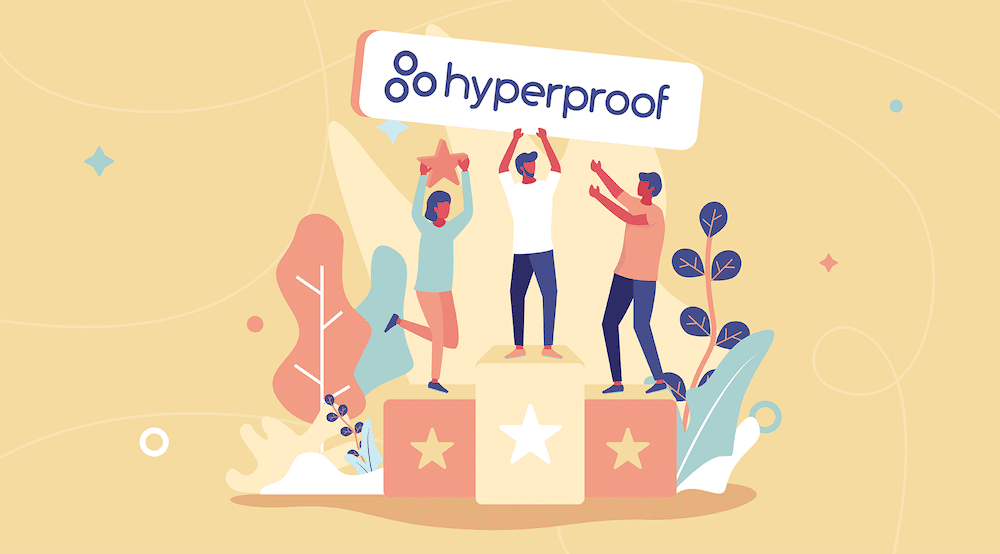 Four vector characters celebrate while holding a Hyperproof sign.