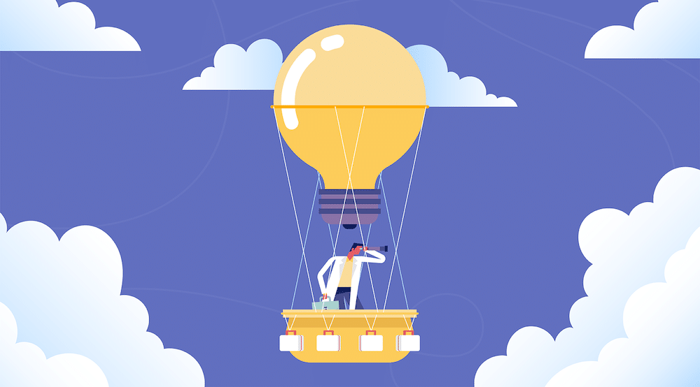 A vector character symbolically looks for the top frameworks used by tech companies while on a hot air balloon.