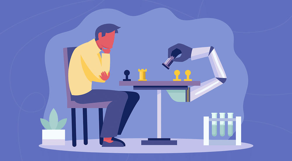 A vector character plays chess with a robot arm, representing the strategy in choosing top data compliance frameworks with best monitoring