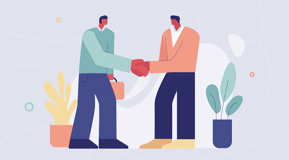 Two vectors shake hands to illustrate Hyperproof's partnership with MSSPs and CPAs, as part of their goal for better security assurance practices.