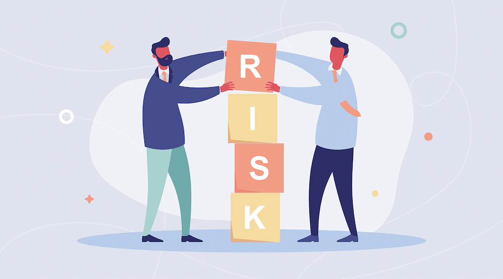 Two vector characters put together blocks that say risk.