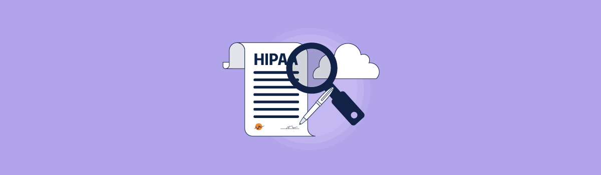 A magnifying glass over a document titled "HIPAA" being signed representing the HIPAA Business Associate Agreement (BAA) 