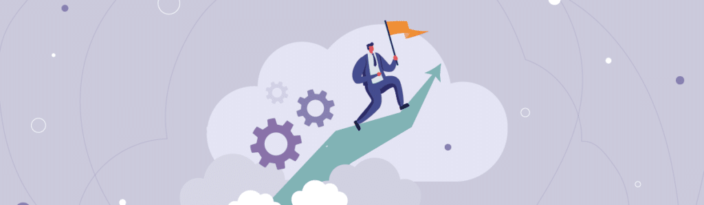 A vector illustration of a business man climbing up an arrow holding a flag, showing business scaling up
