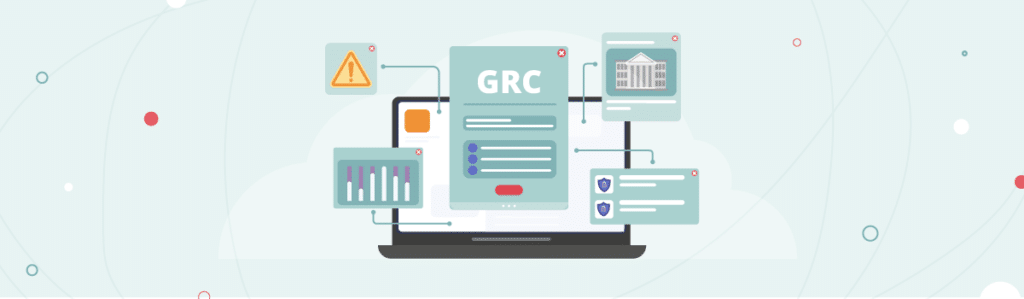 A mint green animated image of several dashboards surrounding a box with the letters "GRC" in the middle.