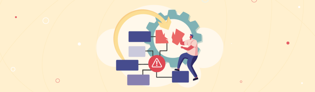 Vector illustration of a person in a broken down process with a web of options and a wheel