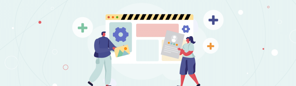 Vector illustration of two people putting pieces of a digital integration process together, surrounded by plus signs