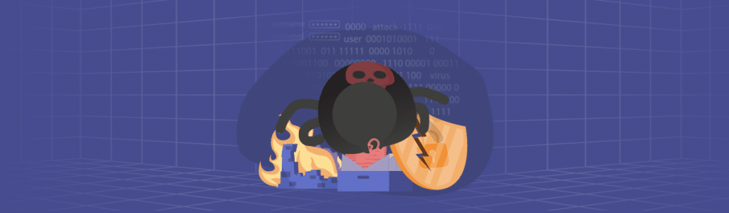 Identifying a ‘Material Cyber Event’ - an illustration of a spider on top of a shield, boxes of files, and a brick wall on fire against a dark blue background. The background is overlayed with binary code.