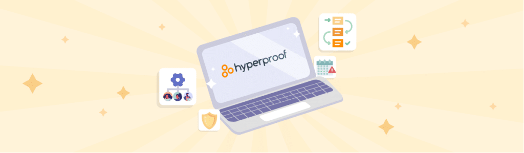 A vector illustration of a laptop with the Hyperproof logo on it surrounded by icons representing successful control assessments.