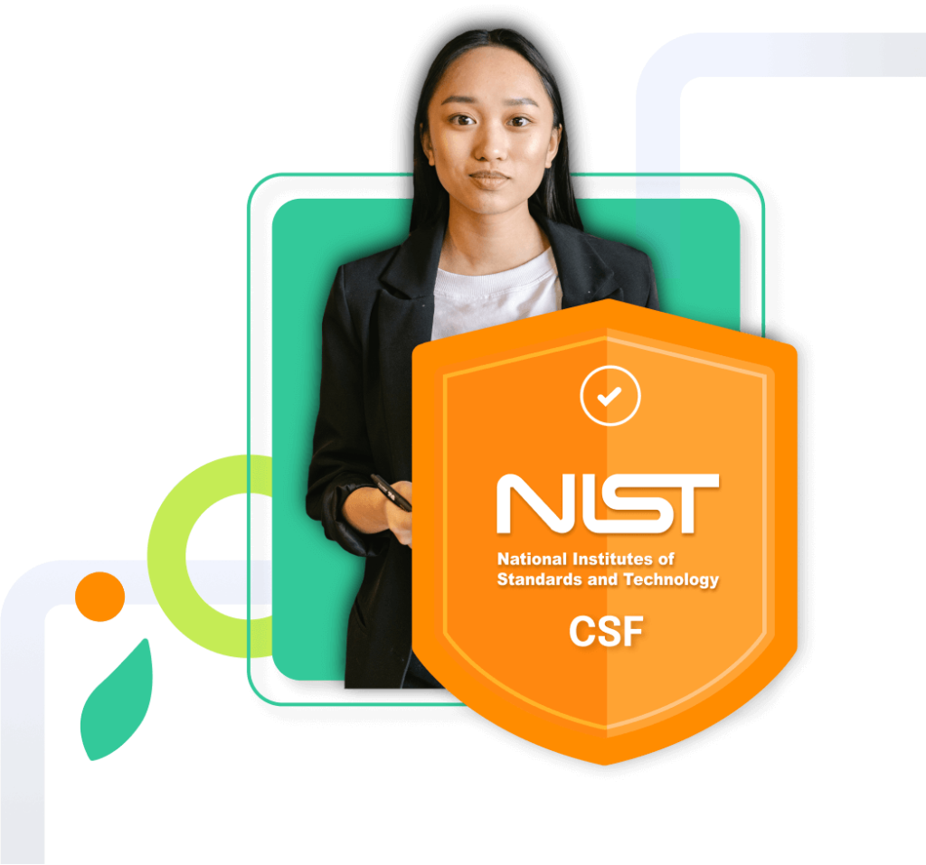 A businesswoman standing behind a shield with the NIST CSF logo on it 