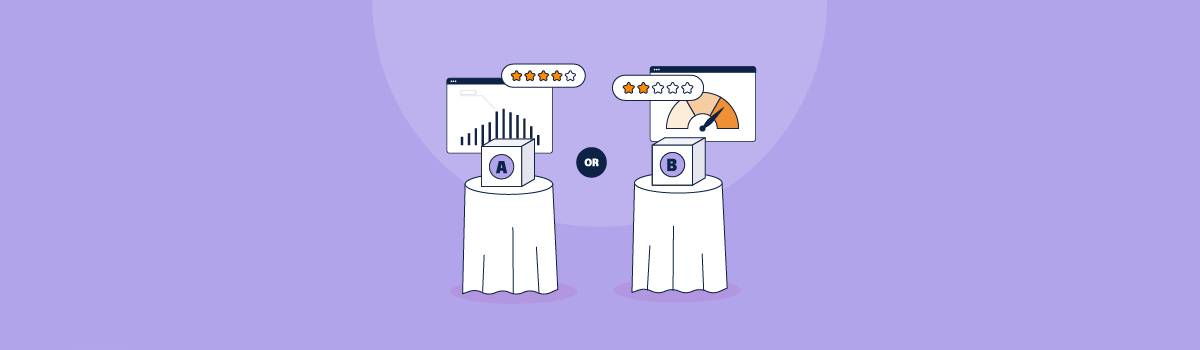 two tables one with box a on top and one with box b on top. box a has a 4 star review above it and box b has a 2 star review above it. this represents choosing between two different risk management softwares