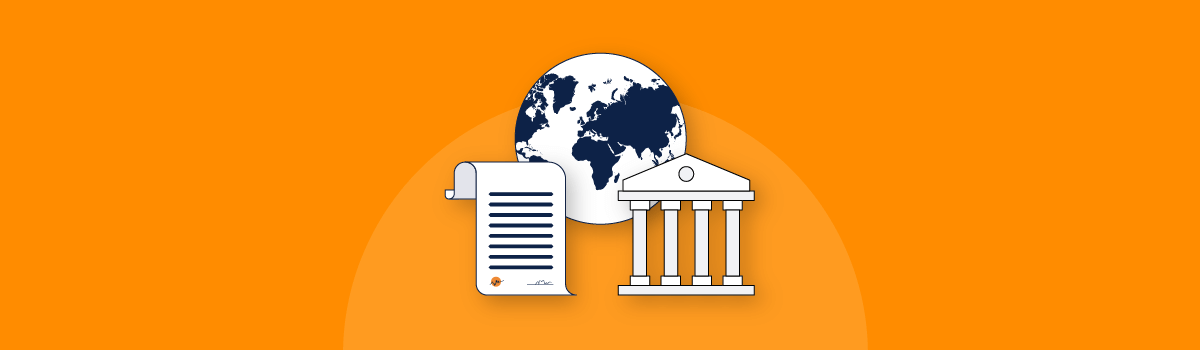 A vector image of a scroll with writing, a building with columns representing a government or institution, and earth representing environmental, social, and governance (ESG) issues 