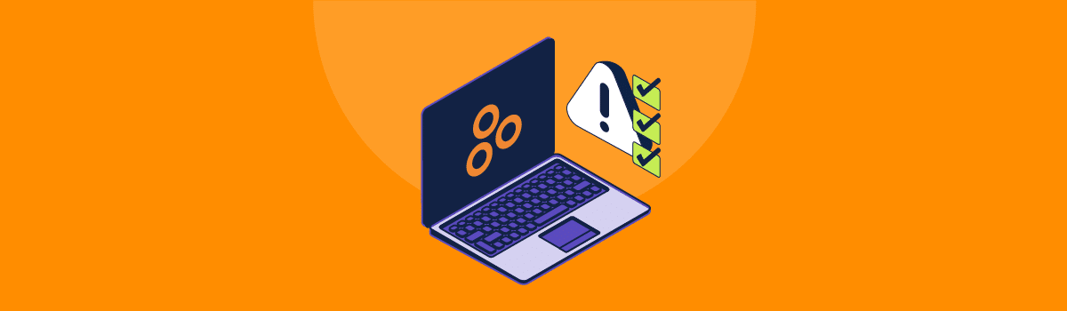 A laptop with the Hyperproof logo on screen and risk symbol off the right being mitigated