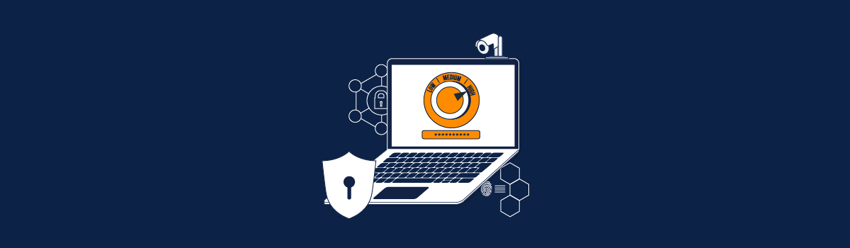 An illustration of a laptop displaying a circular orange security logo with text that appears to read "High Medium Low." The laptop is surrounded by cybersecurity-related icons, including a shield with a keyhole, a padlock, a security camera, and hexagonal technology motifs