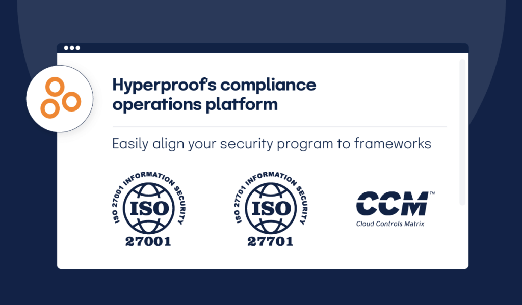 The Hyperproof logo next to "compliance operations platform" with text below "easily align your security program to frameworks" followed by the ISO 27001; ISO 27701; and CCM logos