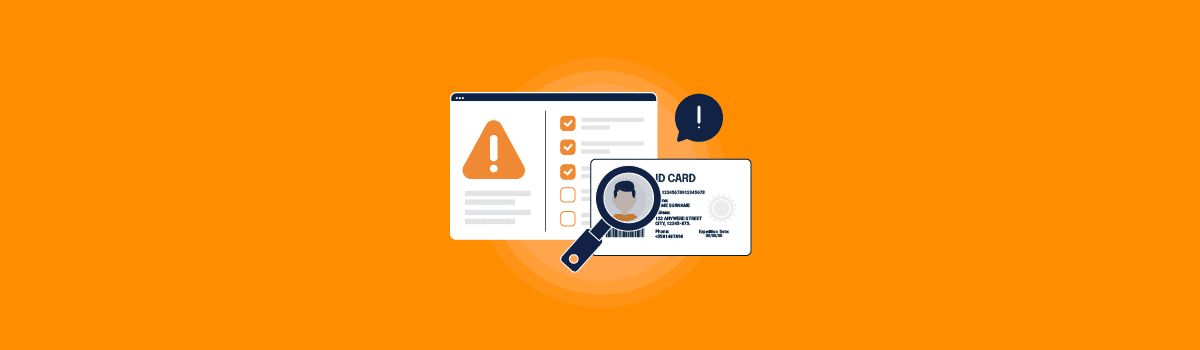 An illustration of a magnifying glass looking over an ID card in front of a window with an "error" icon - representing conducting a vendor risk assessment