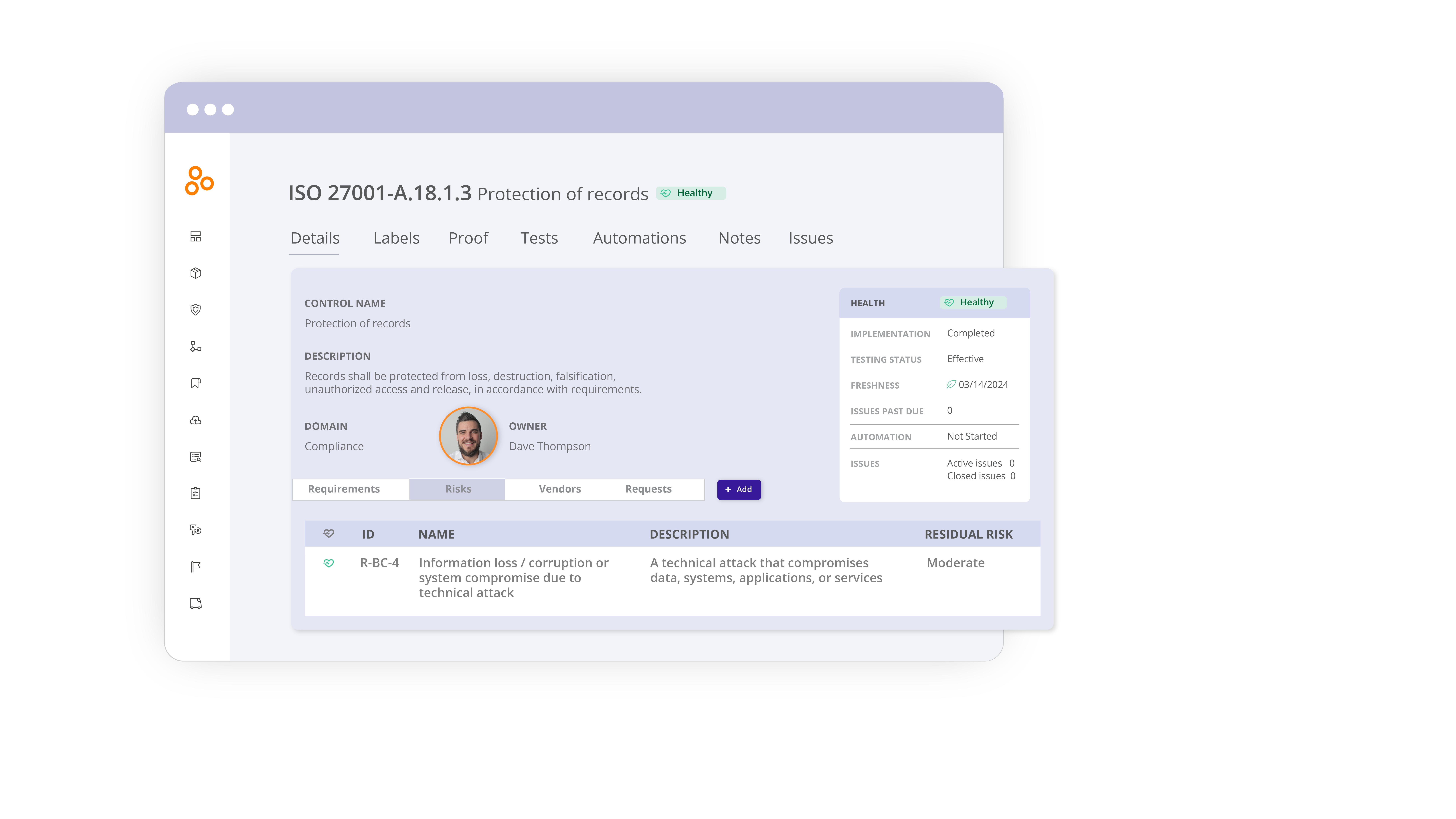 A screen shot of Hyperproof's risk register module. Here you can see how much customization can be utilized when defining risks. 