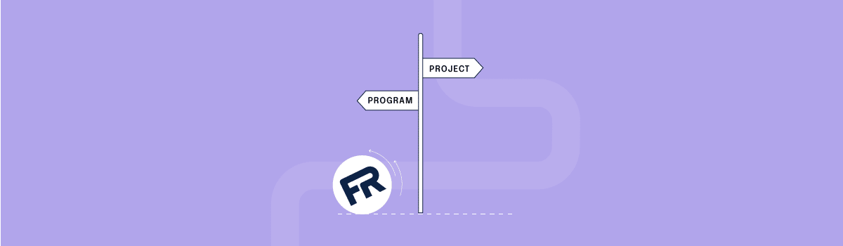 A vector image showing a street sign. The sign has two directions: project and program. Underneath program, the FedRAMP logo can be seen, signifying that FedRAMP is a program, not a project.
