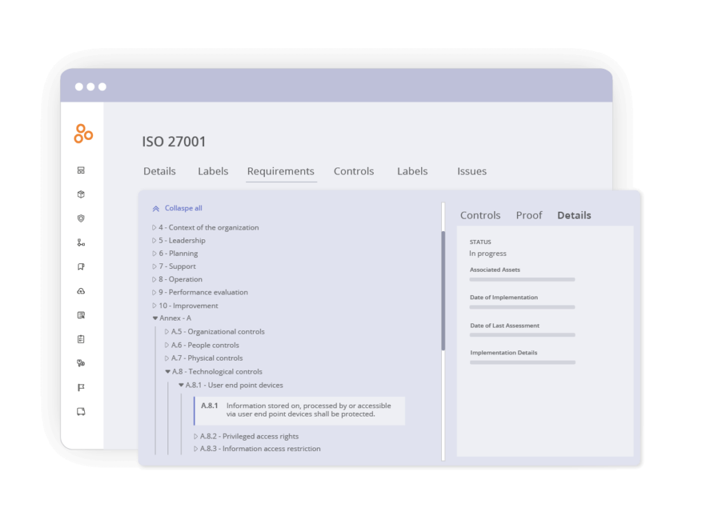 A screenshot of how to populate fields for each Annex A requirement in Hyperproof