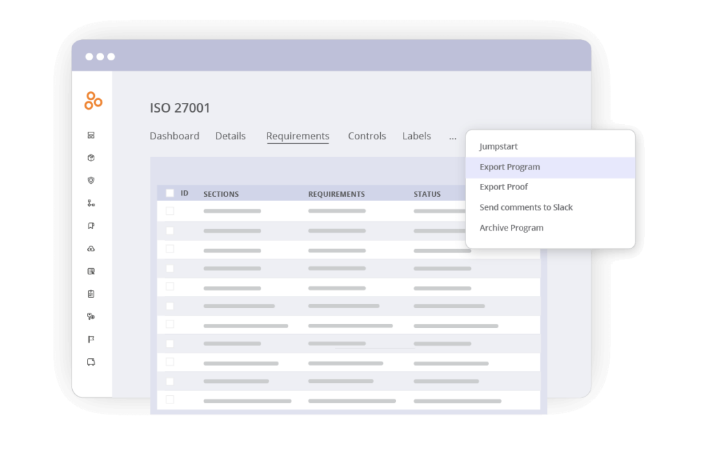 A screenshot of how to export from the ISO 27001 requirements tab in Hyperproof