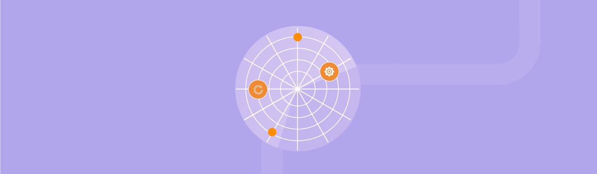 A vector image with a circle representing a network. In the circle is a smaller circle with a gear icon. Another smaller circle is to the left with an arrow icon, indicating a network of resources available for FedRAMP continuous monitoring.