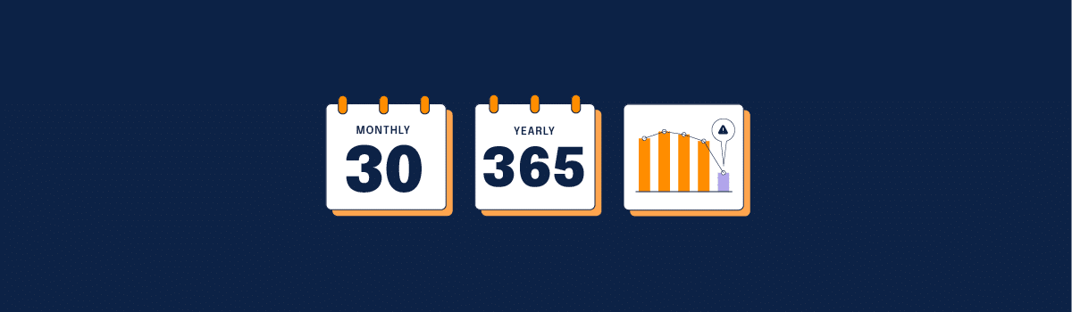 A vector image showing three calendars. One says "monthly" with the number 30 below. The second says "yearly" with the number 365 below. The last shows a bar graph with the bars getting smaller, indicating a downward trendline.