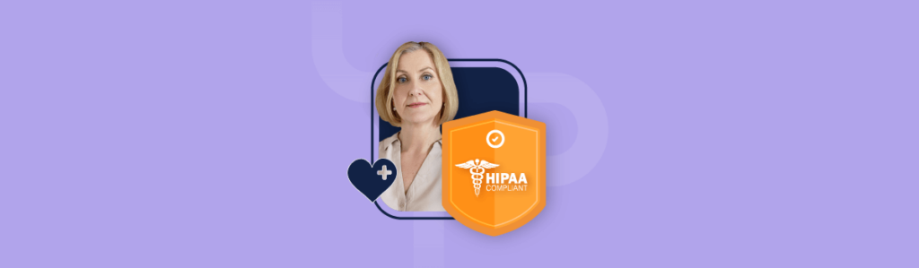 A vector image showing a woman next to a badge with the HIPAA logo. This is the cover image for the blog, HIPAA Compliance: Why It Matters and How to Obtain It