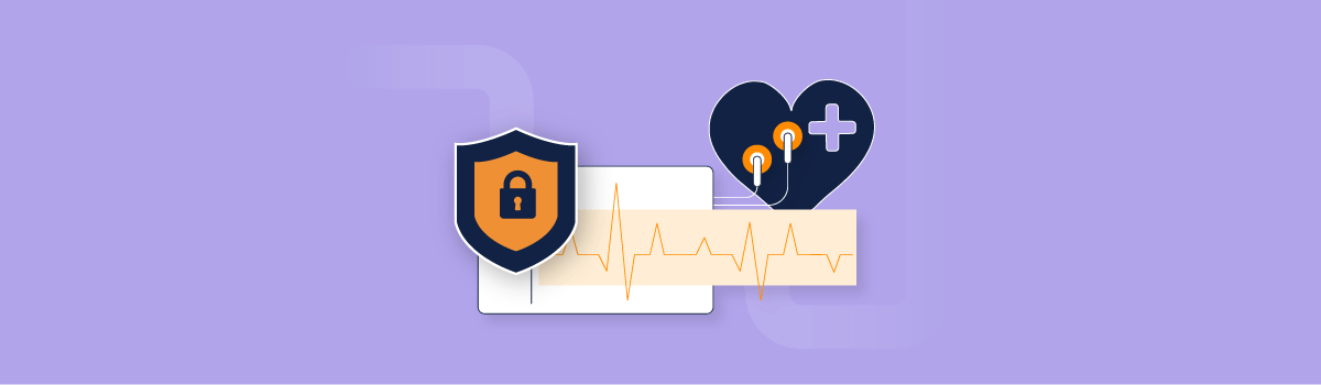 A graphic with a health chart, heart, stethoscope, and shield to signify safeguarding patient data