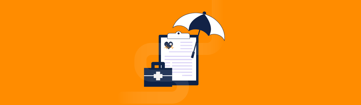 A graphic symbolizing who would need to be HITRUST certified showing a patient chart and a medical bag under an umbrella