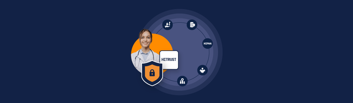 A vector image signifying why a healthcare IT professional might use HITRUST: the graphic features a woman next to several symbols that relate to the paragraphs below describing the benefits of HITRUST
