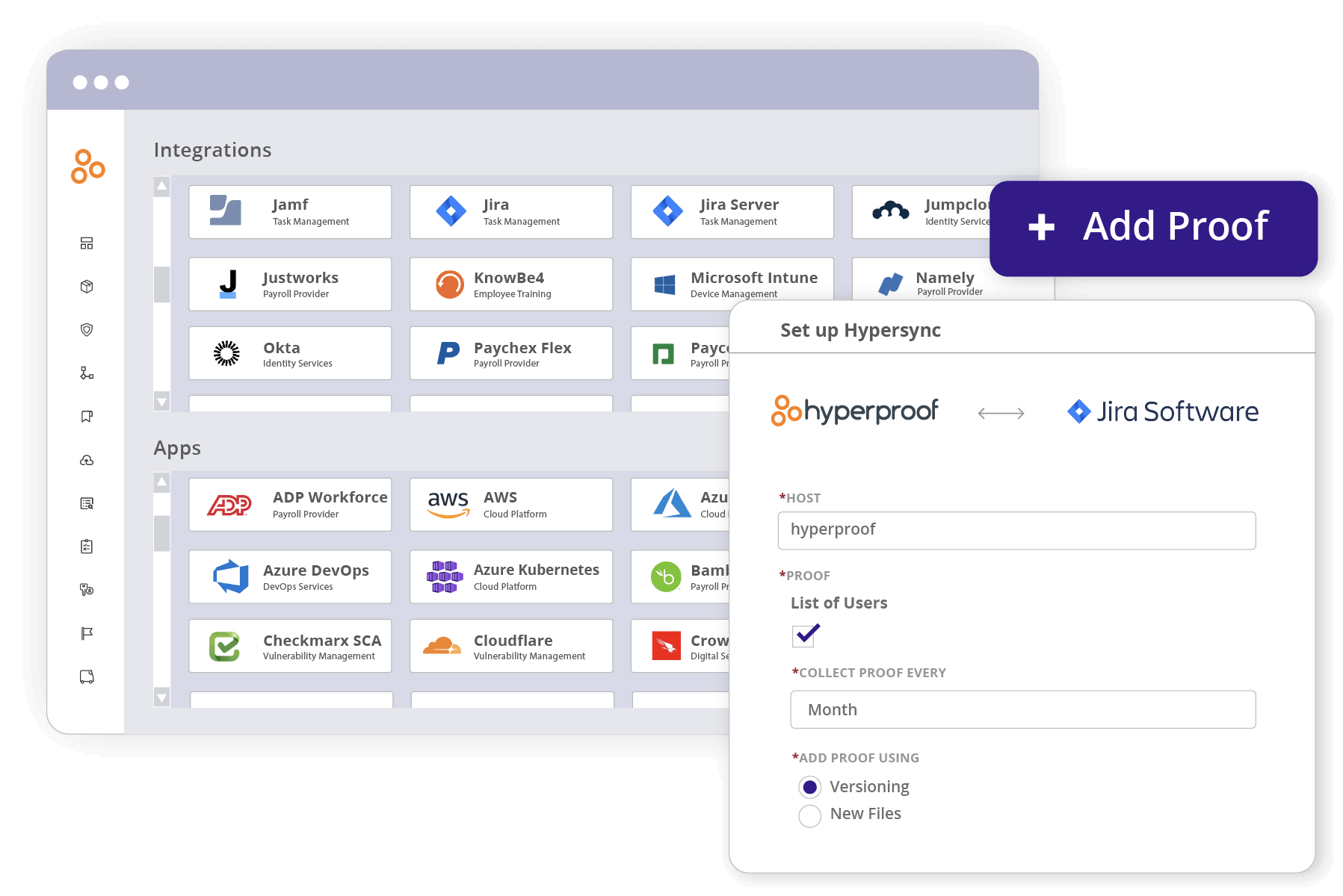 A screenshot of the integrations available in Hyperproof