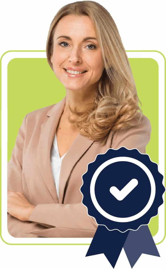 Woman with a checkmark badge decorative