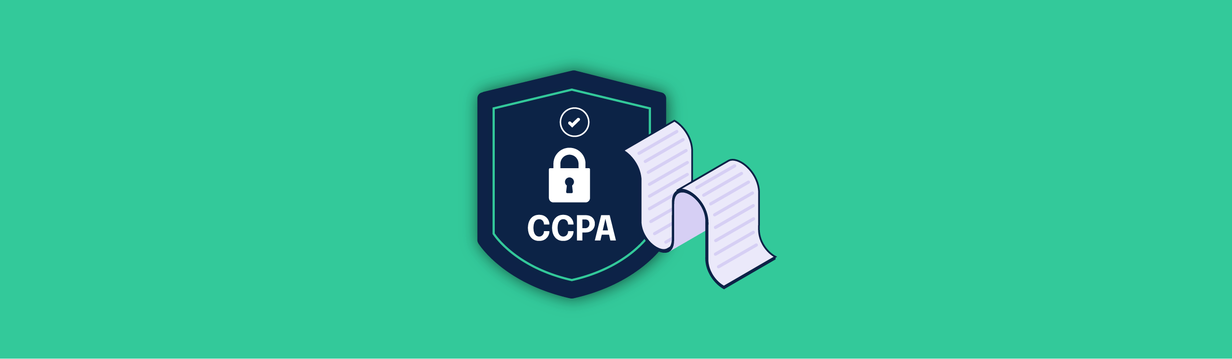 A shield with a check mark, locked lock, and "CCPA" on it with a scroll coming off the right 