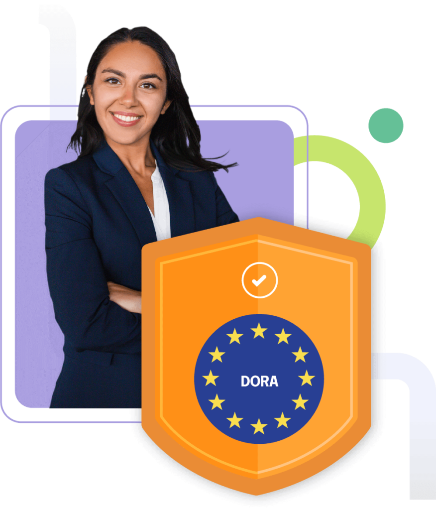 A financial executive standing behind a shield with the DORA logo on it