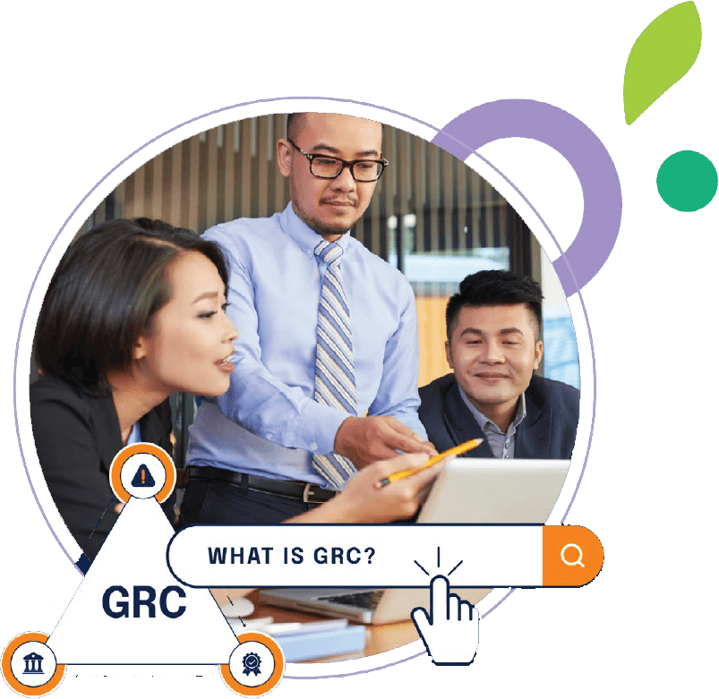 Business professionals working together behind a search bar with "what is grc" typed in 