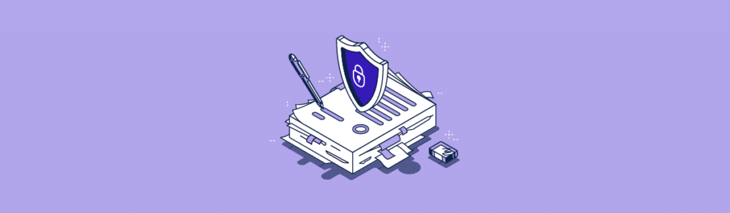 A protective shield above a stack of papers representing compliance procedures