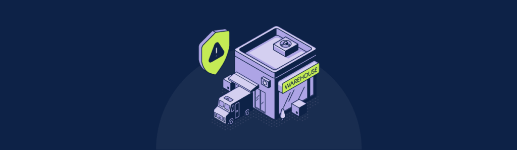 An illustrative image of a warehouse with a risk symbol above it