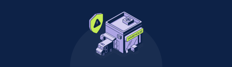 An illustrative image of a warehouse with a risk symbol above it