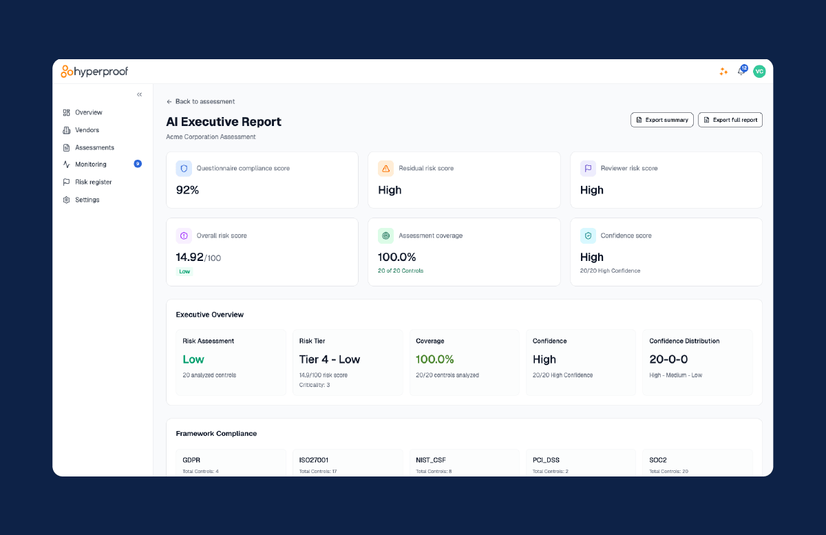 Hyperproof TPRM AI reporting